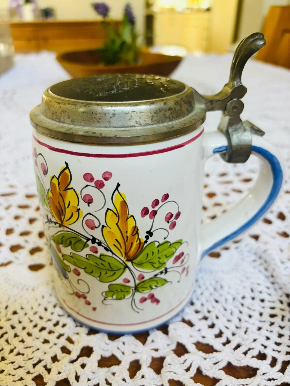 Vintage Signed Ceramic German Beer Stein with Pewter Lid - Floral Leaf Design